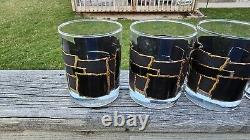 Georges Briard Double Old Fashioned Rocks Glasses MCM Rare Black Gold Brutalist