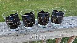 Georges Briard Double Old Fashioned Rocks Glasses MCM Rare Black Gold Brutalist