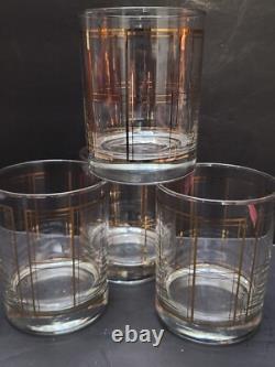 Georges Briard MCM Signed Gold Plaid Double Old Fashioned Glasses Set 4