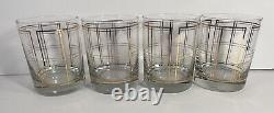 Georges Briard Signed MCM Gold Plaid Double Old Fashioned Tumblers Rock Glasses