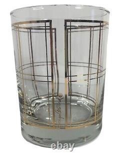 Georges Briard Signed MCM Gold Plaid Double Old Fashioned Tumblers Rock Glasses