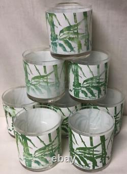 Georges Briard Vntg Bamboo Signed MCM Green & White Double Old Fashioned Glasses