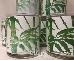 Georges Briard Vntg Bamboo Signed MCM Green & White Double Old Fashioned Glasses