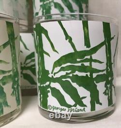 Georges Briard Vntg Bamboo Signed MCM Green & White Double Old Fashioned Glasses