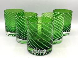 Green Italian Double Old Fashioned Glasses Swirl White Glass 1980's Set of Five