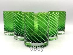Green Italian Double Old Fashioned Glasses Swirl White Glass 1980's Set of Five