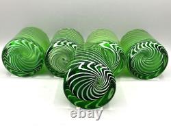 Green Italian Double Old Fashioned Glasses Swirl White Glass 1980's Set of Five
