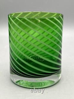 Green Italian Double Old Fashioned Glasses Swirl White Glass 1980's Set of Five