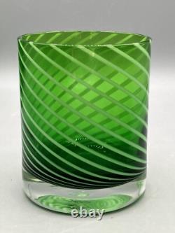 Green Italian Double Old Fashioned Glasses Swirl White Glass 1980's Set of Five