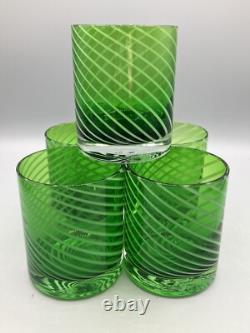Green Italian Double Old Fashioned Glasses Swirl White Glass 1980's Set of Five