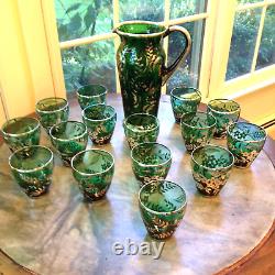 Green Pitcher and Double Old-Fashioned Glasses with Sterling Overlay