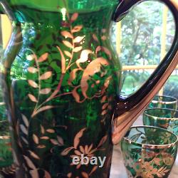 Green Pitcher and Double Old-Fashioned Glasses with Sterling Overlay