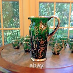 Green Pitcher and Double Old-Fashioned Glasses with Sterling Overlay