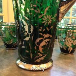 Green Pitcher and Double Old-Fashioned Glasses with Sterling Overlay