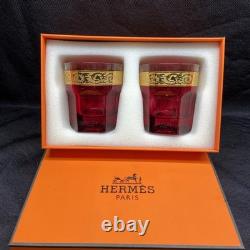 Hermès Attelage Ruby Red Crystal Double Old Fashioned Glasses Pair with Box