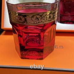 Hermès Attelage Ruby Red Crystal Double Old Fashioned Glasses Pair with Box