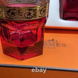 Hermès Attelage Ruby Red Crystal Double Old Fashioned Glasses Pair with Box