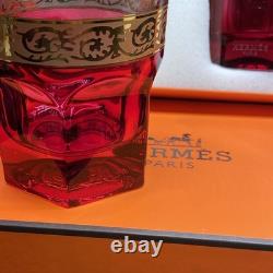 Hermès Attelage Ruby Red Crystal Double Old Fashioned Glasses Pair with Box