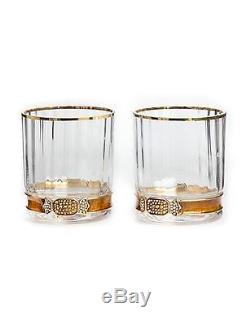 JAY STRONGWATER 2 Hudson Double Old Fashioned Glass 14K Gold Antique Finish New