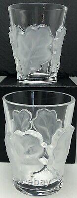 Lalique Chene Double Old Fashioned Glass Whiskey 4-3/4 Oak Leaf Pair