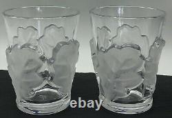 Lalique Chene Double Old Fashioned Glass Whiskey 4-3/4 Oak Leaf Pair