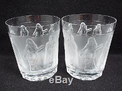 Lalique France Crystal Femmes Antiques 2 Double Old Fashioned Tumbler Glasses