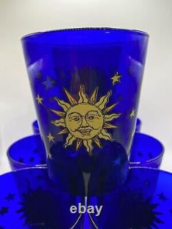 Libbey CELESTIAL sun moon stars cobalt blue double old fashioned glasses SET 8