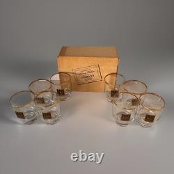 Lot of 8 Thorne's Scotch Whisky Double Old Fashioned Glasses Set Gold Rims & Box