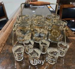 MCM Cera 12Pc WORLD MAP Double Old Fashioned Cocktail & Shot Glasses WithCaddy