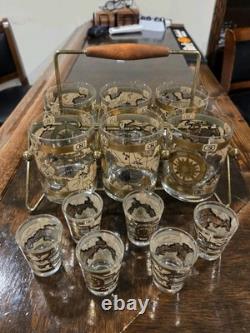 MCM Cera 12Pc WORLD MAP Double Old Fashioned Cocktail & Shot Glasses WithCaddy