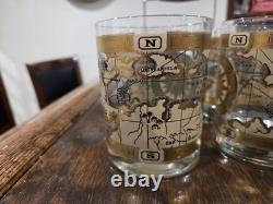 MCM Cera 12Pc WORLD MAP Double Old Fashioned Cocktail & Shot Glasses WithCaddy