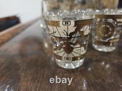 MCM Cera 12Pc WORLD MAP Double Old Fashioned Cocktail & Shot Glasses WithCaddy