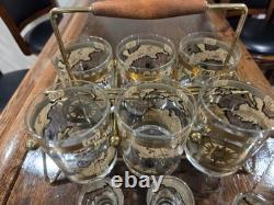 MCM Cera 12Pc WORLD MAP Double Old Fashioned Cocktail & Shot Glasses WithCaddy
