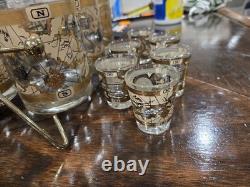 MCM Cera 12Pc WORLD MAP Double Old Fashioned Cocktail & Shot Glasses WithCaddy
