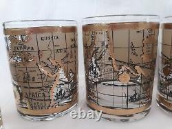 MCM Cera 22K World Map Double Old Fashioned Cocktail Glasses, Excellent, Set/7