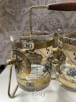 MCM Cera 6-Pc WORLD MAP Double Old Fashioned Cocktail Glasses GOLD WithCaddy EXC