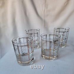 MCM Signed Georges Briard Gold Plaid Double Old Fashioned Set 4, Original Boxed