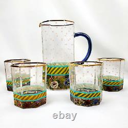 MacKenzie-Childs GARLAND Pink Dot 1991 4 Double Old Fashioned TUMBLERS + PITCHER