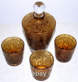 Michael Weems Etched Glass Decanter SET with 3 Double Old Fashioned Glasses Signed