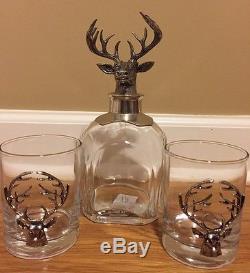 NEW 3PC Pottery Barn Stag Decanter + 2 Double Old Fashioned Glasses