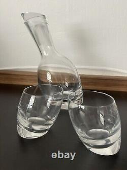 Nambe' Tilt Leaning Pieces Clear Glass Decanter & 2 Double Old Fashioned Glasses
