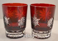 Pair (2) Waterford Ruby Red Snowflake DOF Double Old Fashioned Bar Glasses