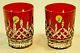 Pair Waterford Crystal Lismore Red Double Old Fashioned Etched Tumbler Glasses