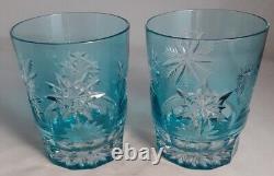Pair Waterford Crystal Snow Crystals Aqua Blue Double Old Fashioned Glasses Mint