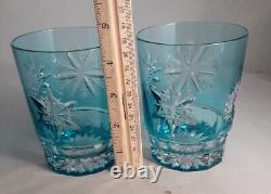Pair Waterford Crystal Snow Crystals Aqua Blue Double Old Fashioned Glasses Mint
