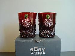 Pair Waterford Ruby Red SNOW CRYSTALS Double Old Fashioned Glasses NIB