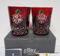 Pair of Waterford Ruby Red Snow Crystals Double Old Fashioned Glasses Mint / Box