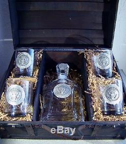 Pewter Presidential Seal Decanter and Four Double Old Fashioned Glasses In Chest