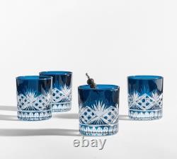 Pottery Barn Blue Cut Crystal Double Old Fashioned Glasses Set of 4 10.5 oz