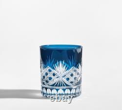 Pottery Barn Blue Cut Crystal Double Old Fashioned Glasses Set of 4 10.5 oz